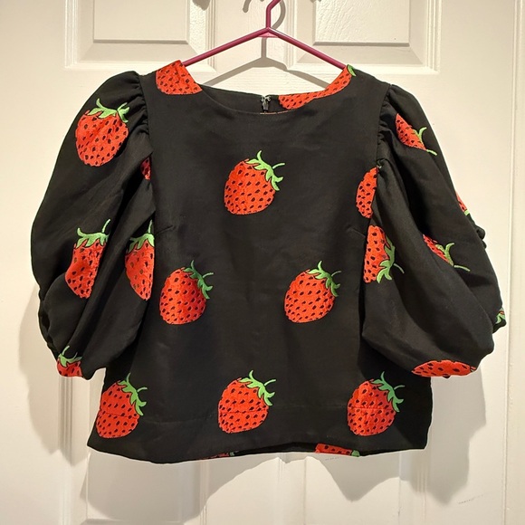 NWT Anthropologie Maeve Size Small Puff-Sleeve Blouse Strawberry Black Red - Picture 11 of 12